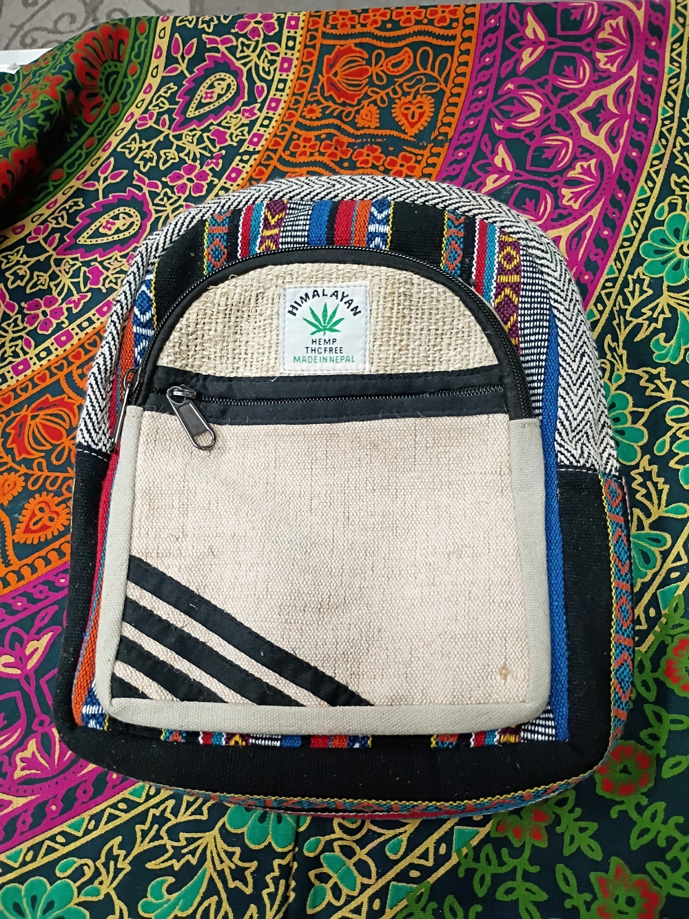 NWOT Himalayan Cream Hemp Mini Backpack with Multicolor Accents